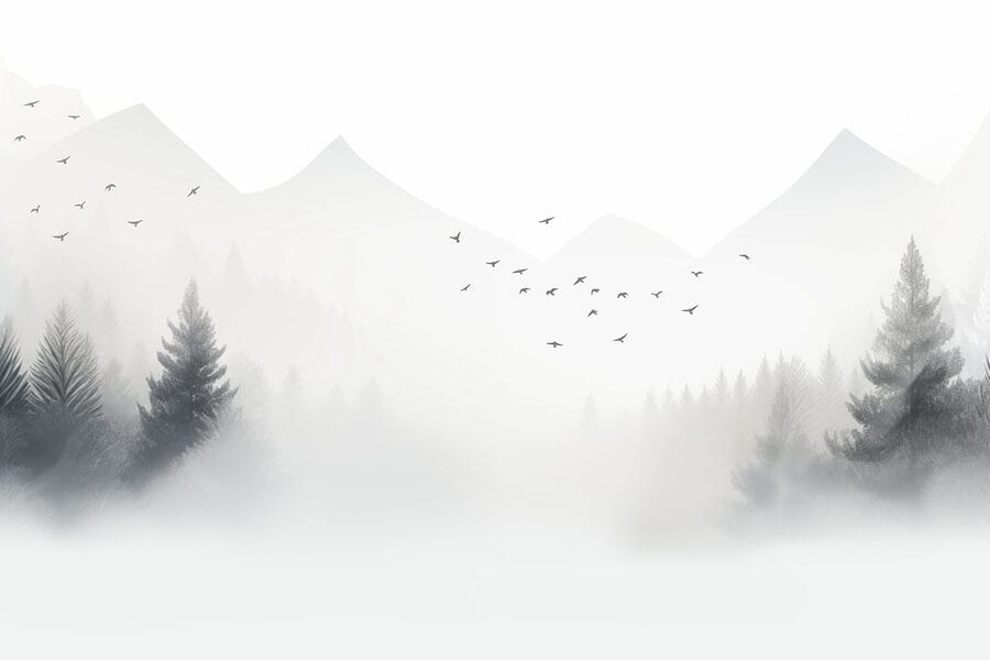 Vogels vliegen over een mistig bos