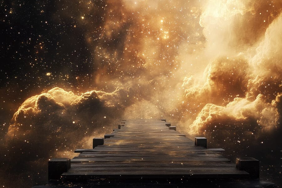 Houten brug die naar wolken leidt