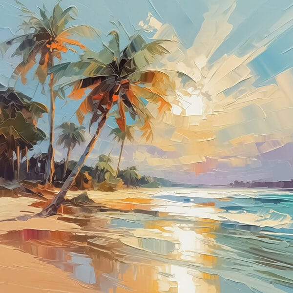 Schilderij van een strand met palmbomen Schilderij van een strand met palmbomen