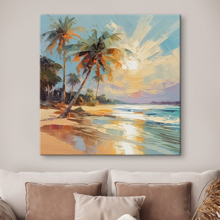 Schilderij van een strand met palmbomen