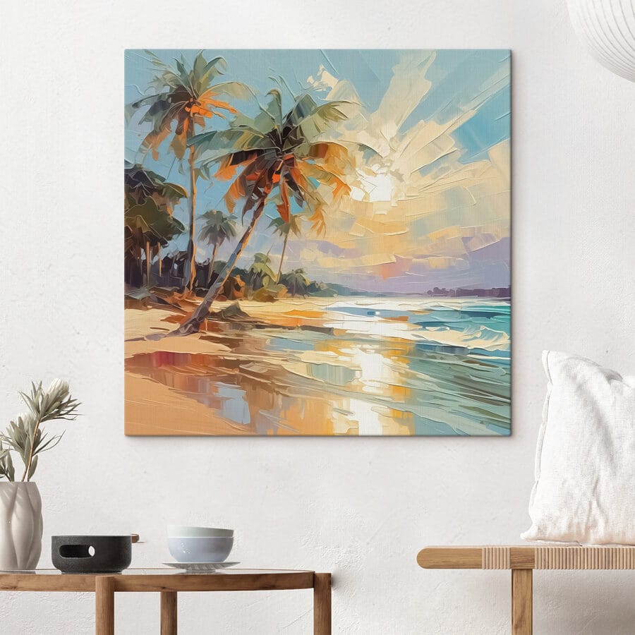Schilderij van een strand met palmbomen
