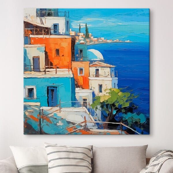 Schilderij van een stad aan het water Schilderij van een stad aan het water