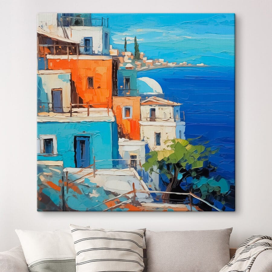Schilderij van een stad aan het water Schilderij van een stad aan het water