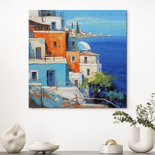 Schilderij van een stad aan het water Schilderij van een stad aan het water