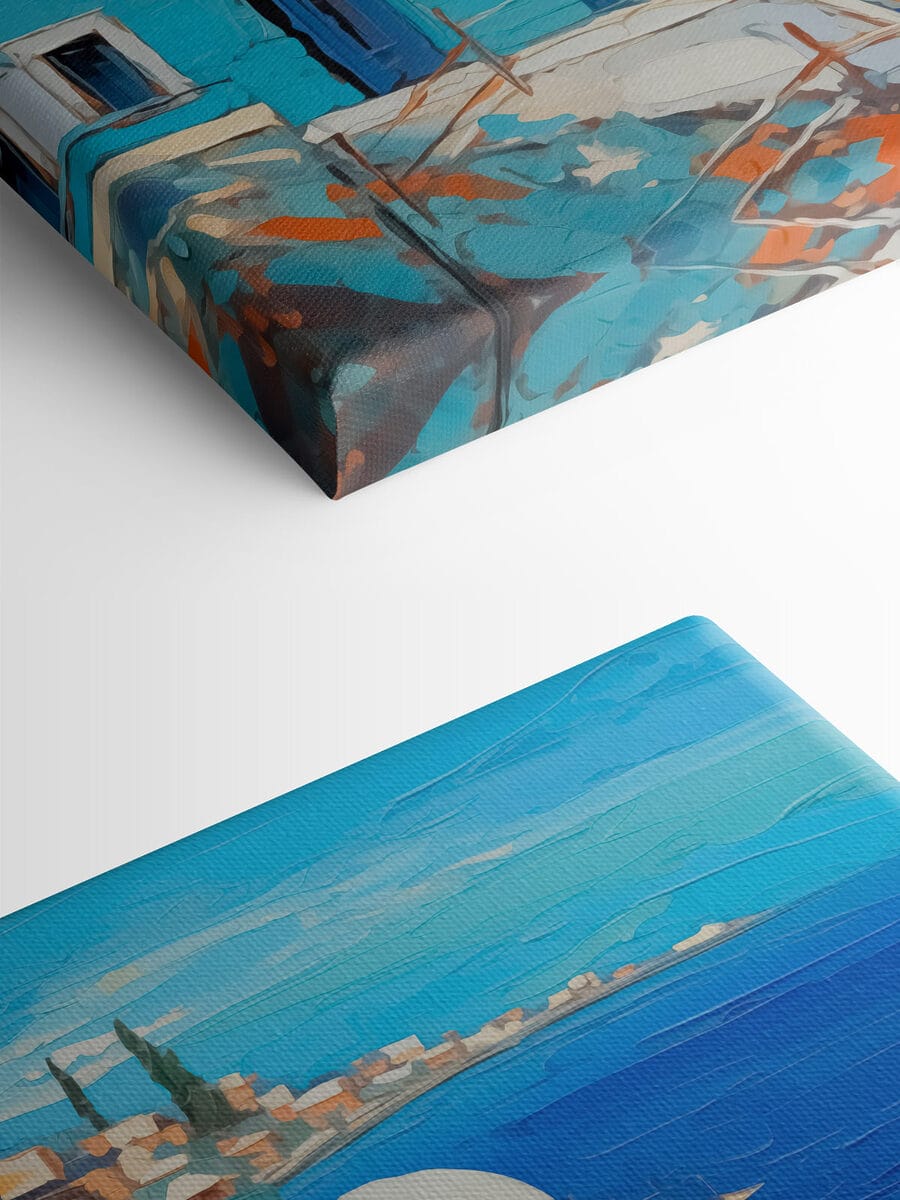Schilderij van een stad aan het water Schilderij van een stad aan het water
