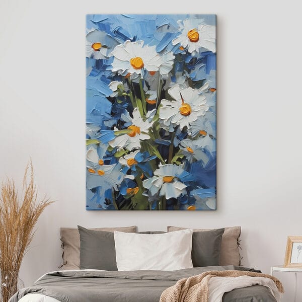 Heldere madeliefjes tegen een blauwe achtergrond Heldere madeliefjes tegen een blauwe achtergrond