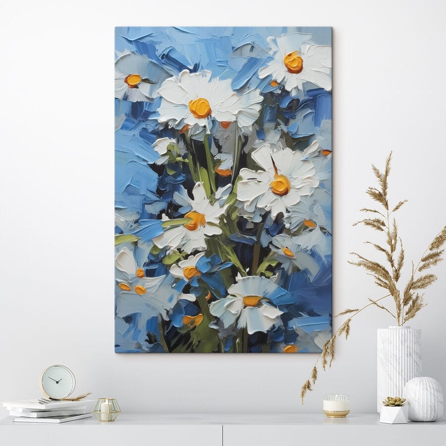Heldere madeliefjes tegen een blauwe achtergrond