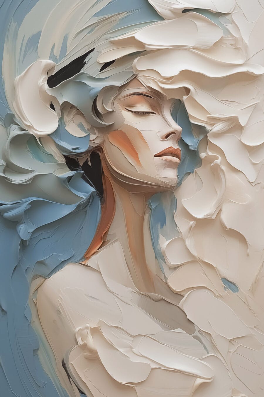 Schilderij van een vrouw met witte en blauwe verf