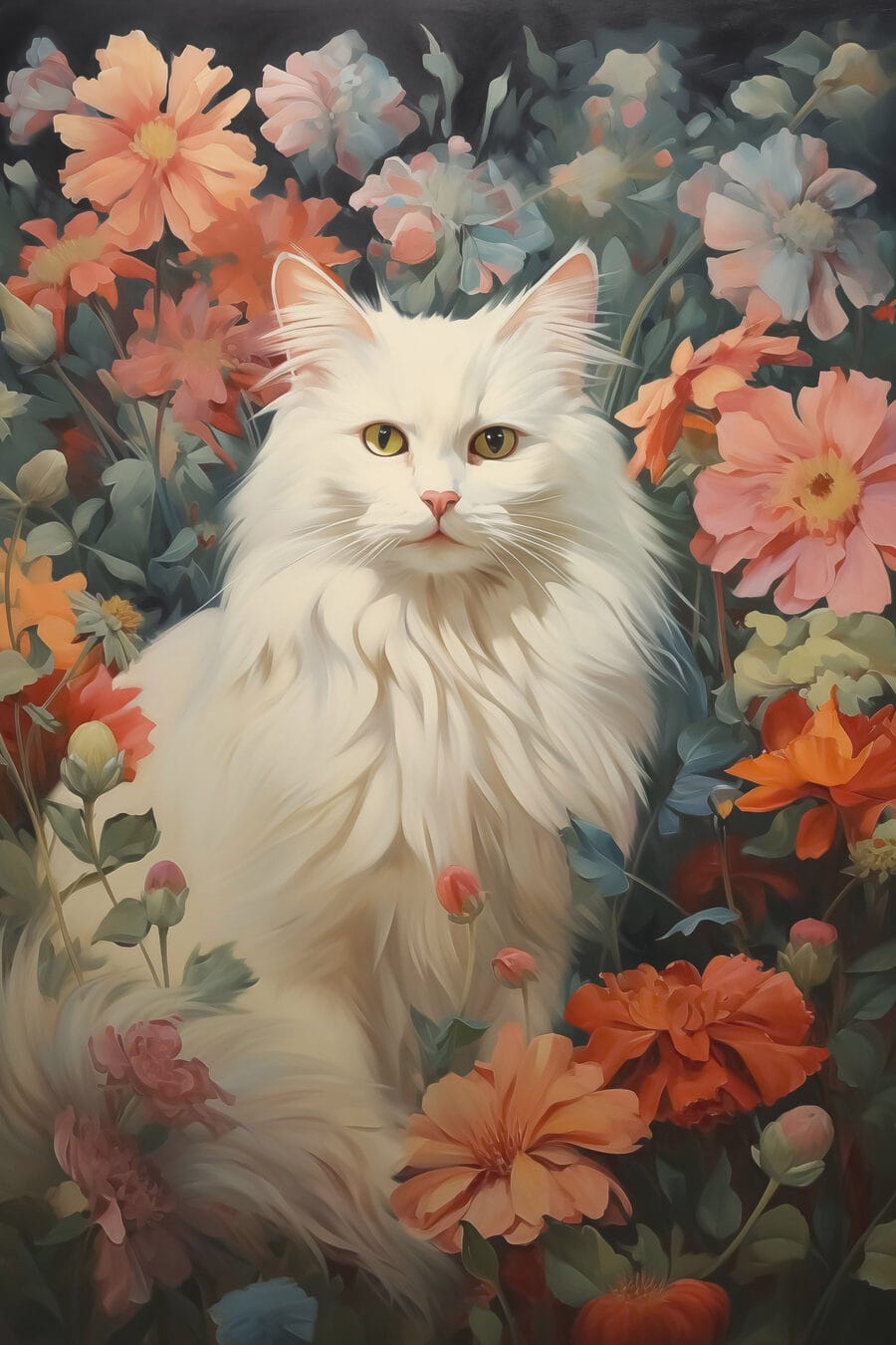Witte kat in een bloementuin