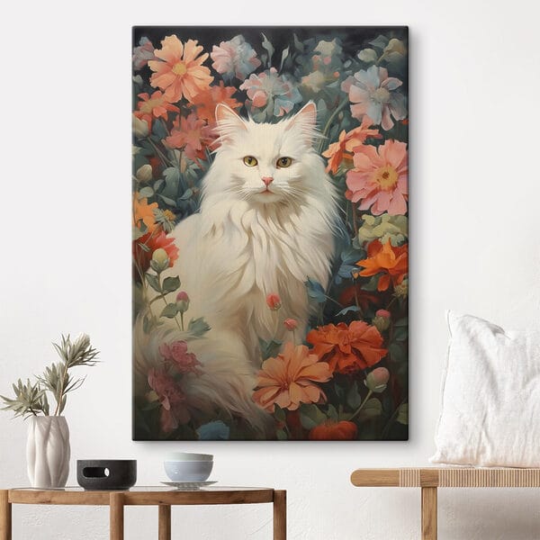 Witte kat in een bloementuin Witte kat in een bloementuin