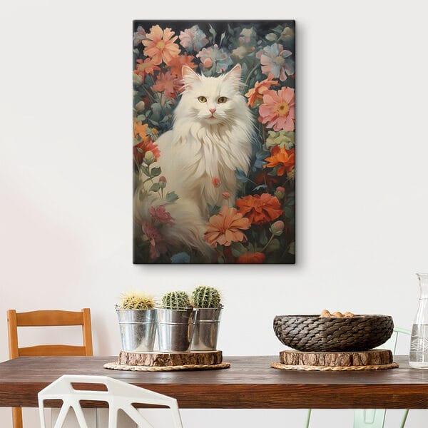 Witte kat in een bloementuin Witte kat in een bloementuin