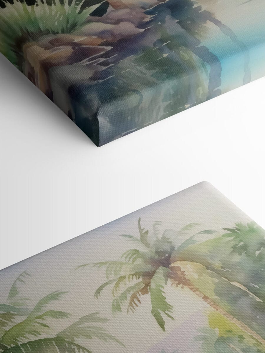 Water met palmbomen en rotsen
