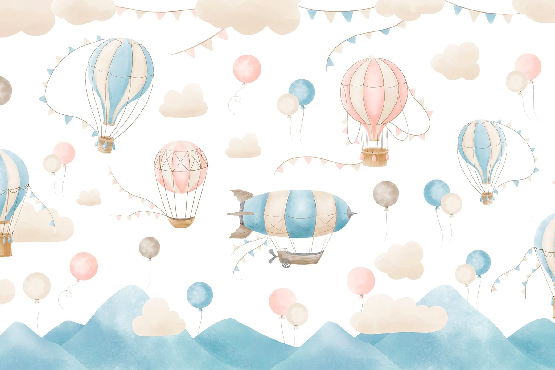 Group of hot air balloons and flags