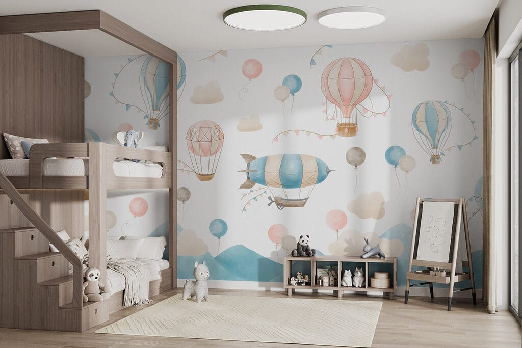 Group of hot air balloons and flags