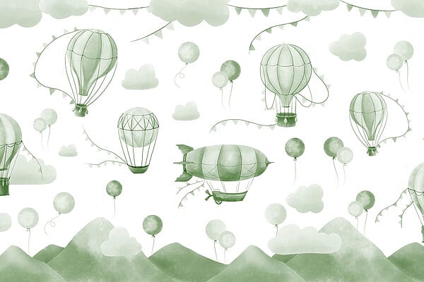 Groene en witte achtergrond met ballonnen en bergen Groene en witte achtergrond met ballonnen en bergen
