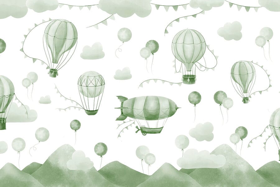 Groene en witte achtergrond met ballonnen en bergen