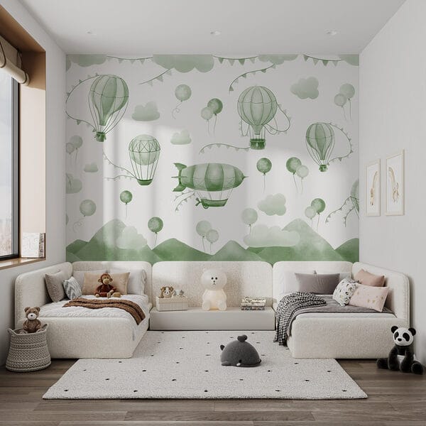Groene en witte achtergrond met ballonnen en bergen Groene en witte achtergrond met ballonnen en bergen