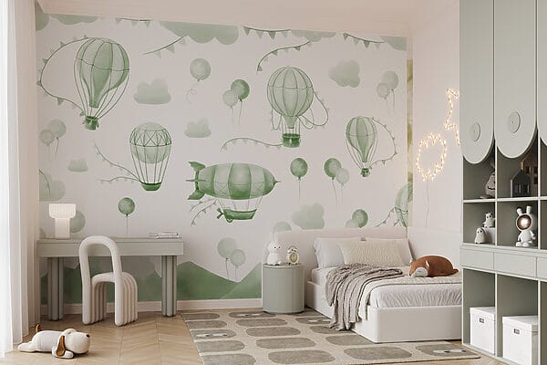 Groene en witte achtergrond met ballonnen en bergen Groene en witte achtergrond met ballonnen en bergen