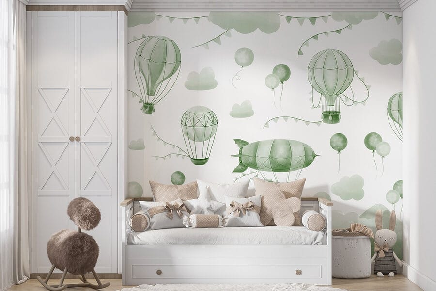 Groene en witte achtergrond met ballonnen en bergen
