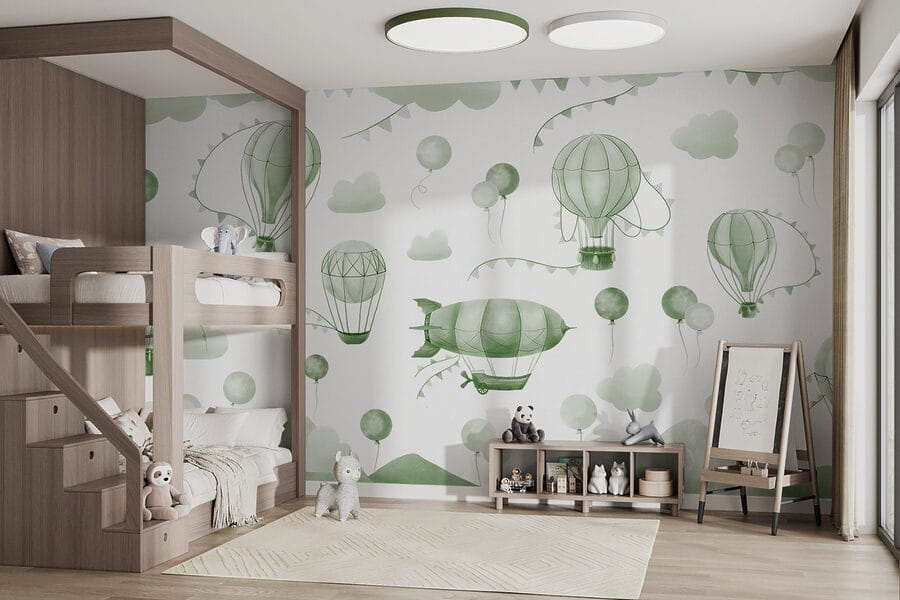 Groene en witte achtergrond met ballonnen en bergen