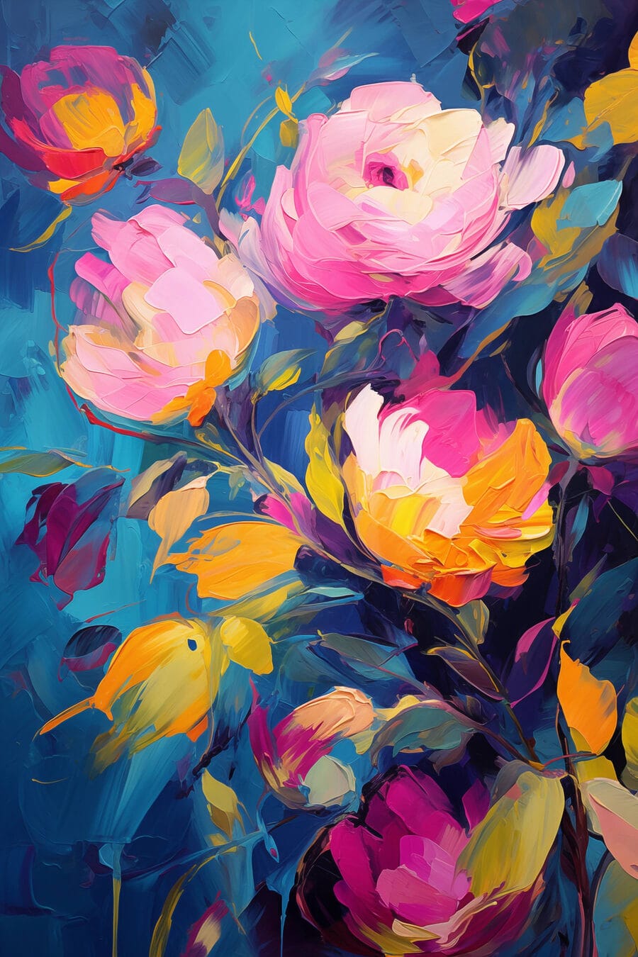 Schilderij van bloemen op een blauwe achtergrond