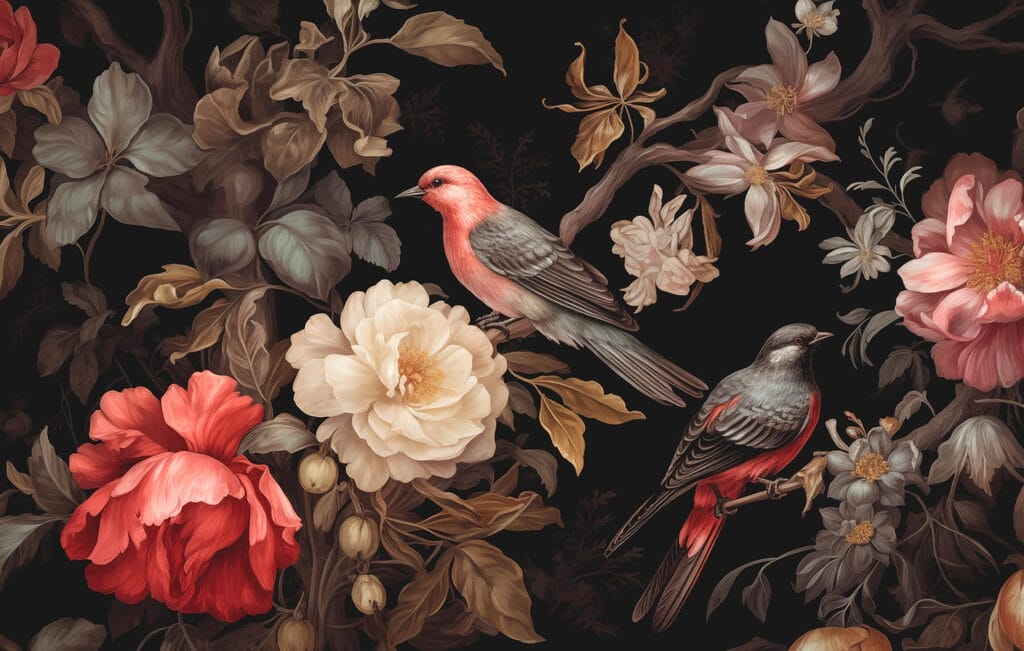 Schilderij van vogels op bloemen Schilderij van vogels op bloemen