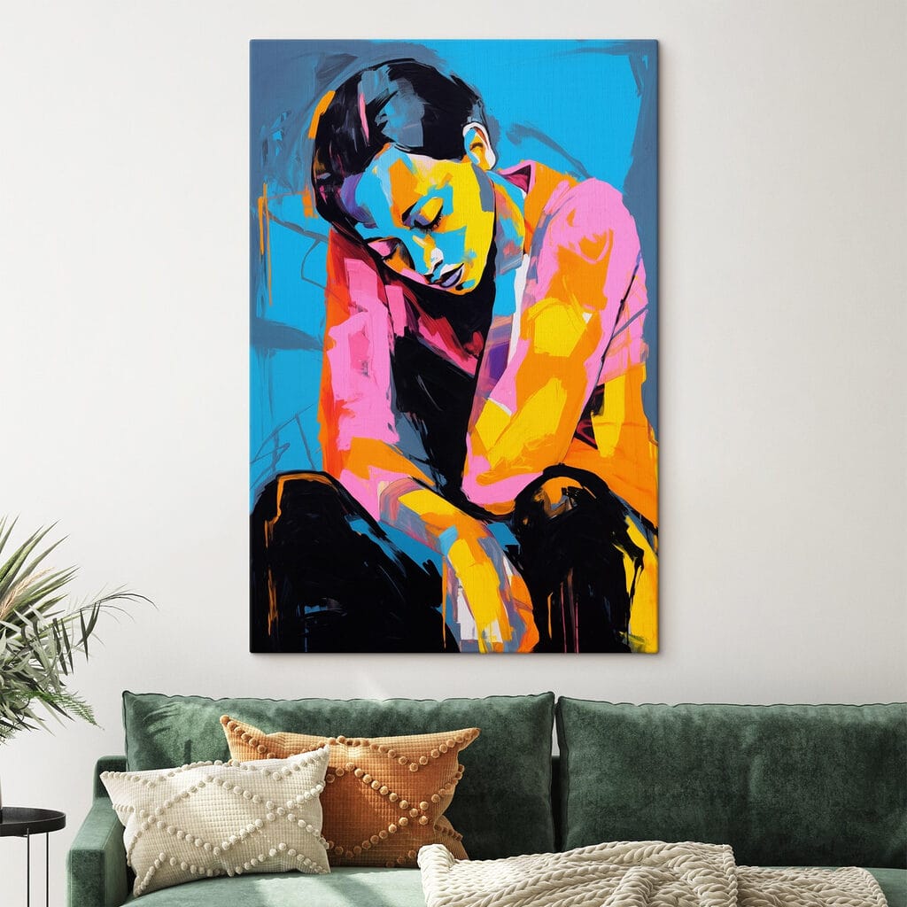 Painting of a woman with her head on her knees