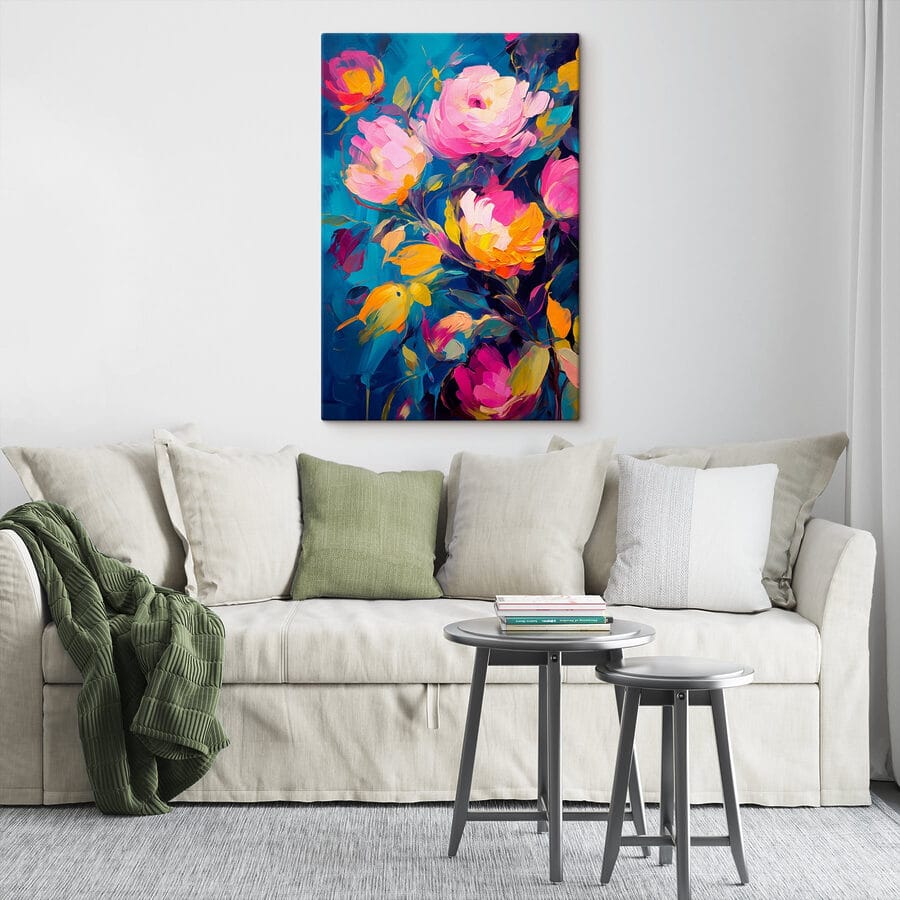 Schilderij van bloemen op een blauwe achtergrond