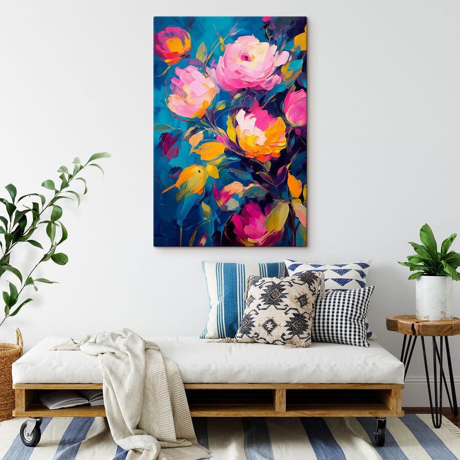 Schilderij van bloemen op een blauwe achtergrond