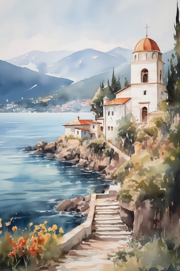 Aquarelverfschilderij van een gebouw op een klif bij een watermassa Aquarelverfschilderij van een gebouw op een klif bij een watermassa