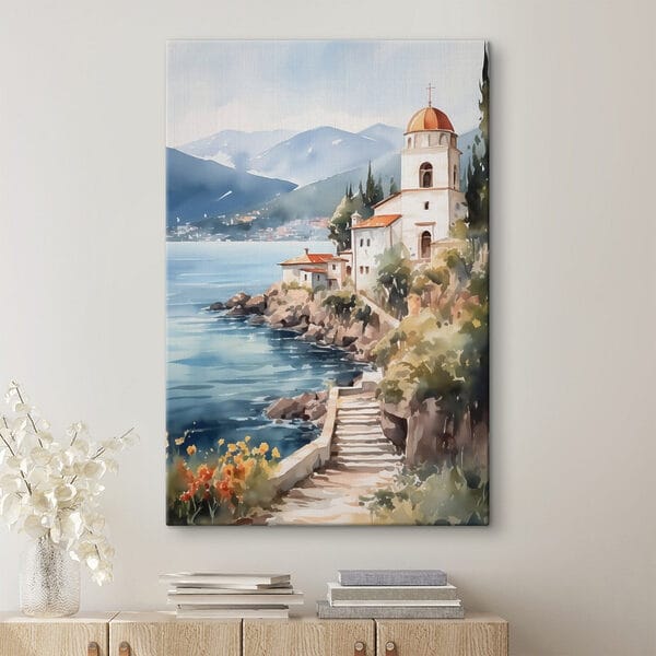 Aquarelverfschilderij van een gebouw op een klif bij een watermassa Aquarelverfschilderij van een gebouw op een klif bij een watermassa