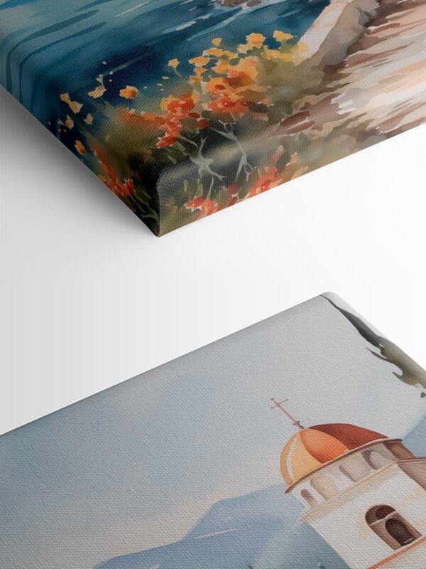Aquarelverfschilderij van een gebouw op een klif bij een watermassa Aquarelverfschilderij van een gebouw op een klif bij een watermassa