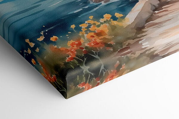 Aquarelverfschilderij van een gebouw op een klif bij een watermassa Aquarelverfschilderij van een gebouw op een klif bij een watermassa
