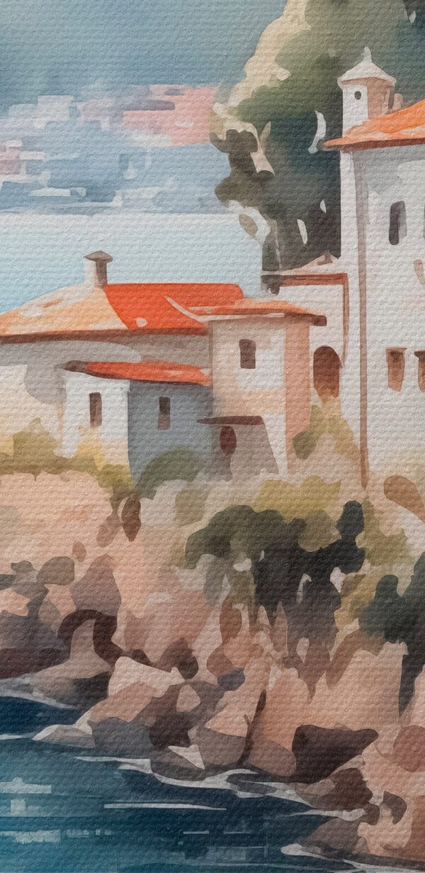 Aquarelverfschilderij van een gebouw op een klif bij een watermassa Aquarelverfschilderij van een gebouw op een klif bij een watermassa