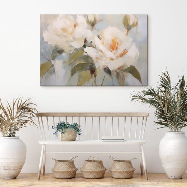 Schilderij van bloemen op een blauwe achtergrond Schilderij van bloemen op een blauwe achtergrond