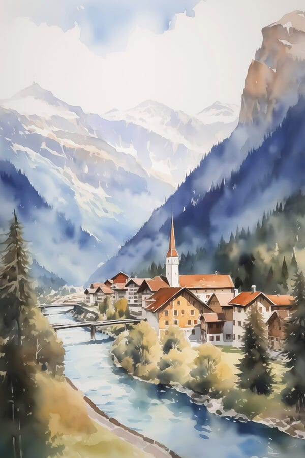 Aquarel van een dorp in de bergen Aquarel van een dorp in de bergen