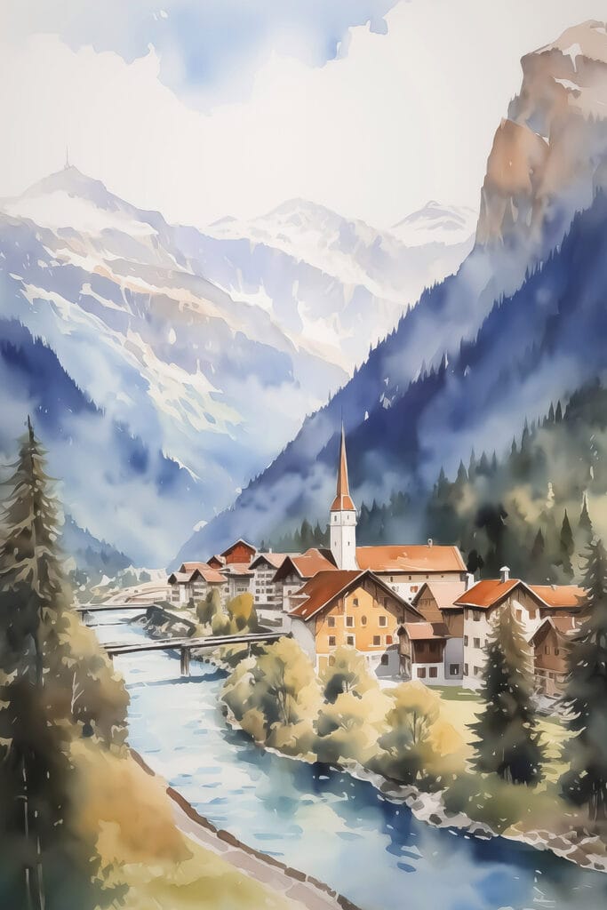 Watercolor painting of a village in the mountains Watercolor painting of a village in the mountains