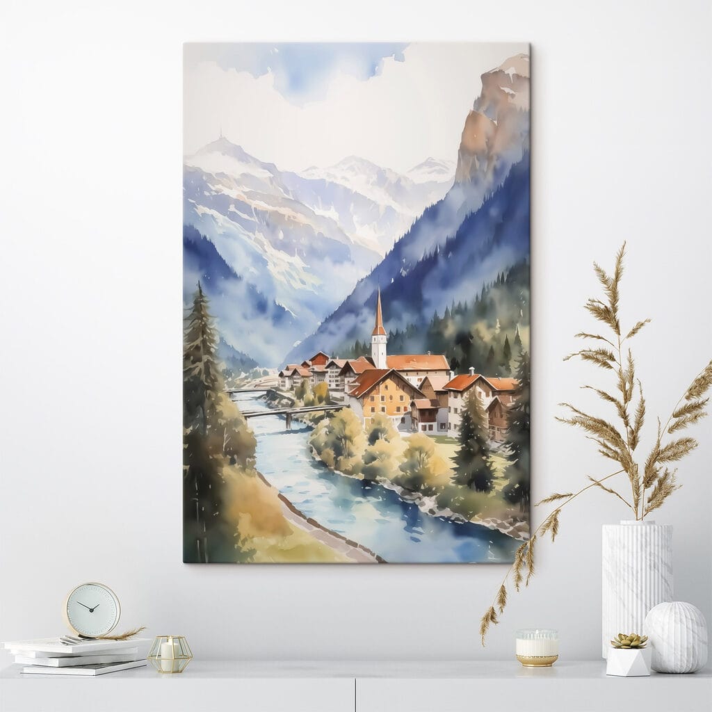 Watercolor painting of a village in the mountains Watercolor painting of a village in the mountains