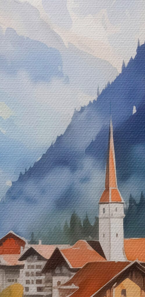 Watercolor painting of a village in the mountains Watercolor painting of a village in the mountains