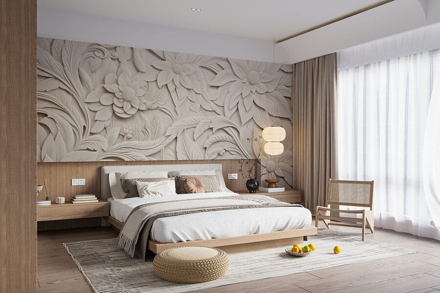Witte muur met bloemen en bladeren