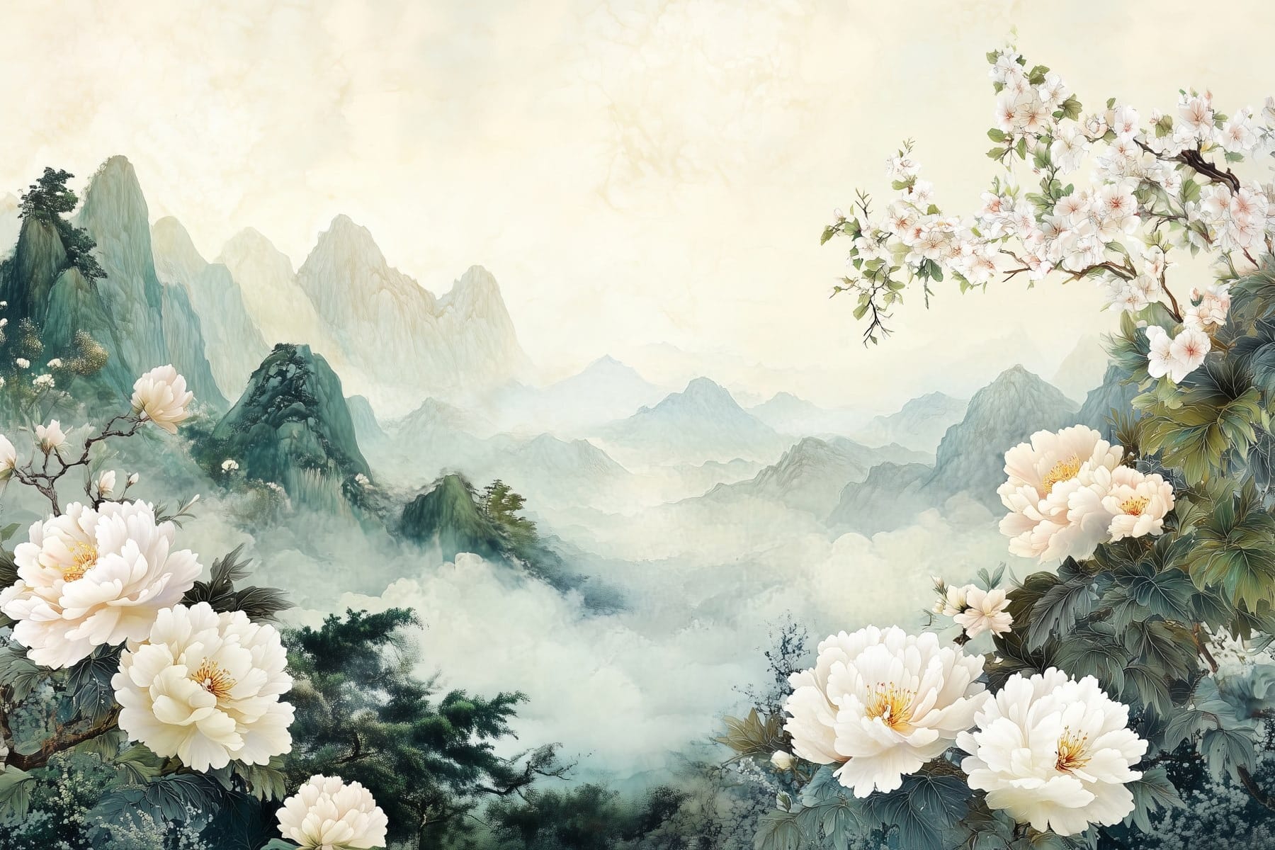 Painting of flowers and mountains Painting of flowers and mountains