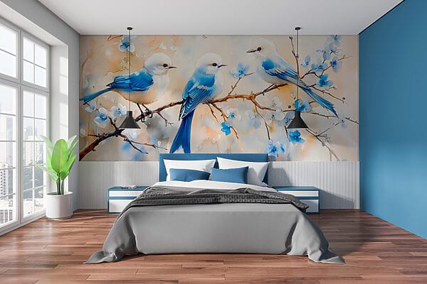 Fotobehang Fotobehang Groep blauwe vogels op een tak (Artikelnummer: w03112)