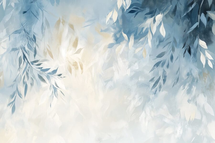 Blauwe en witte achtergrond met bladeren