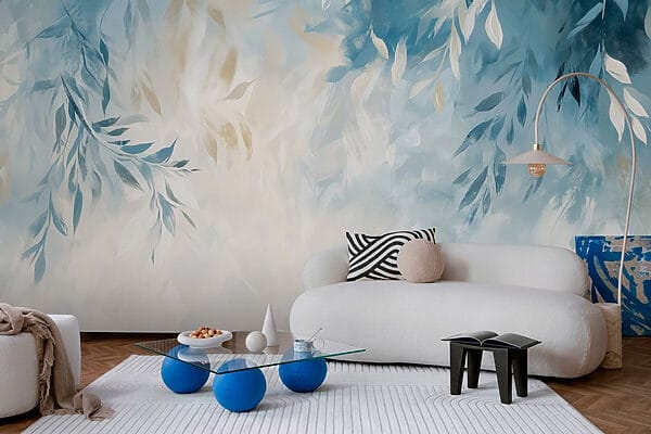 Blauwe en witte achtergrond met bladeren Blauwe en witte achtergrond met bladeren