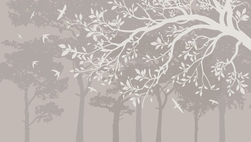 Groep bomen met vliegende vogels Groep bomen met vliegende vogels