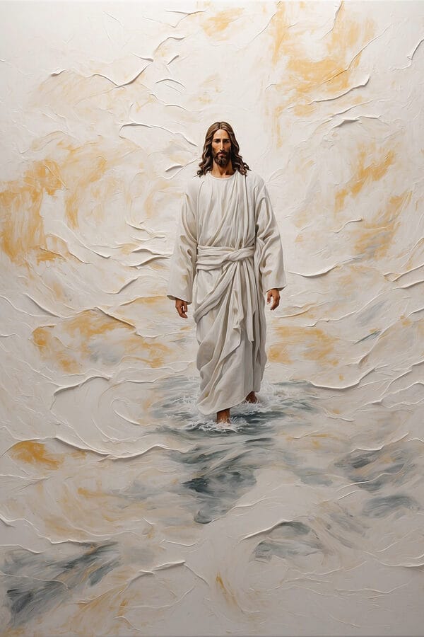 Schilderij van een man in een gewaad staand in water Schilderij van een man in een gewaad staand in water