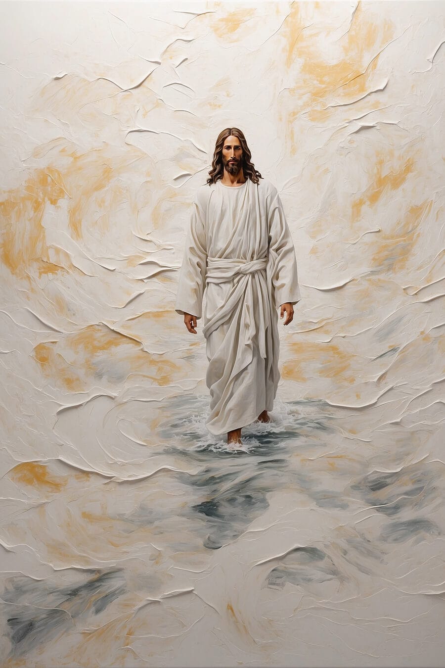 Schilderij van een man in een gewaad staand in water