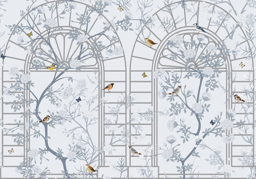Behang met een ladder en vogels