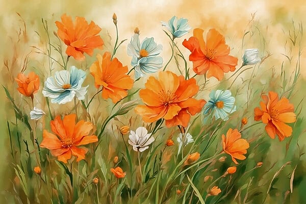 Schilderij van oranje en witte bloemen Schilderij van oranje en witte bloemen