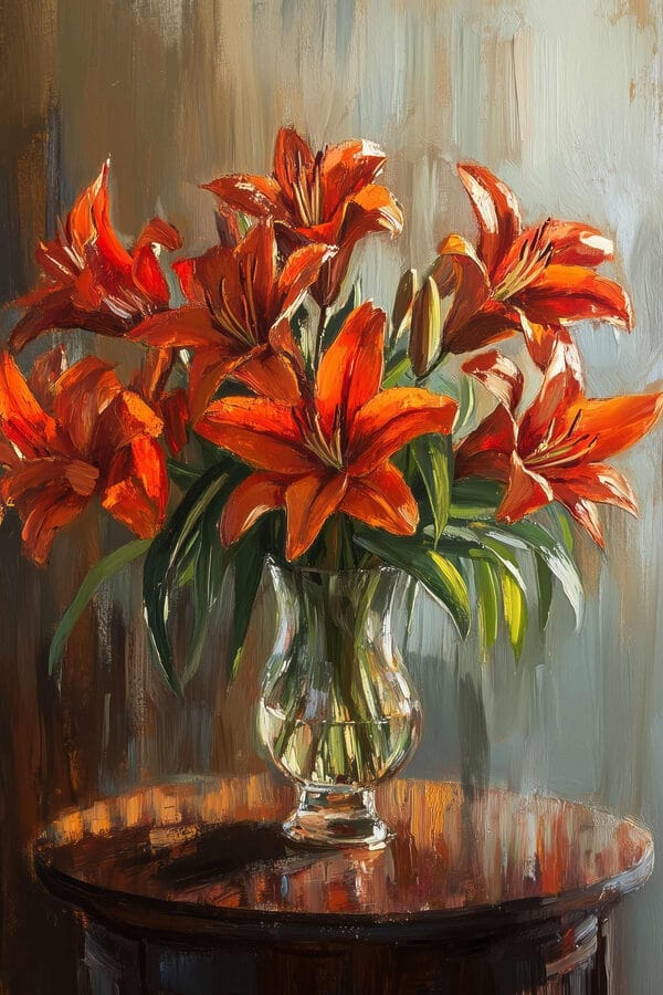 Schilderij van oranje bloemen in een glazen vaas Schilderij van oranje bloemen in een glazen vaas